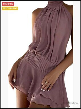 Sleeveless Halter Backless Ruched Mini Dress for Summer Date Night